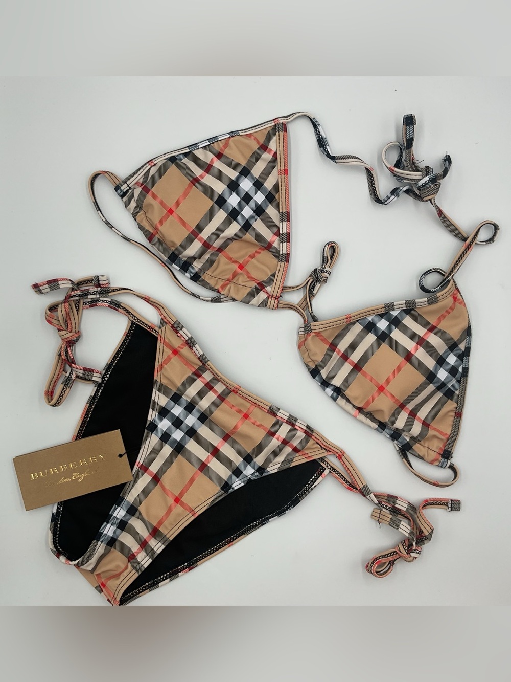Burberry Beige Plaid Triangle String Bikini